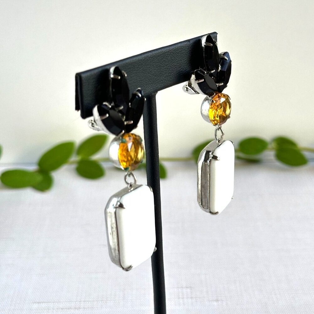 1990s Clip-On Statement Earrings, Black Navette, Yellow and White Glass Drops - Picture 4 of 6